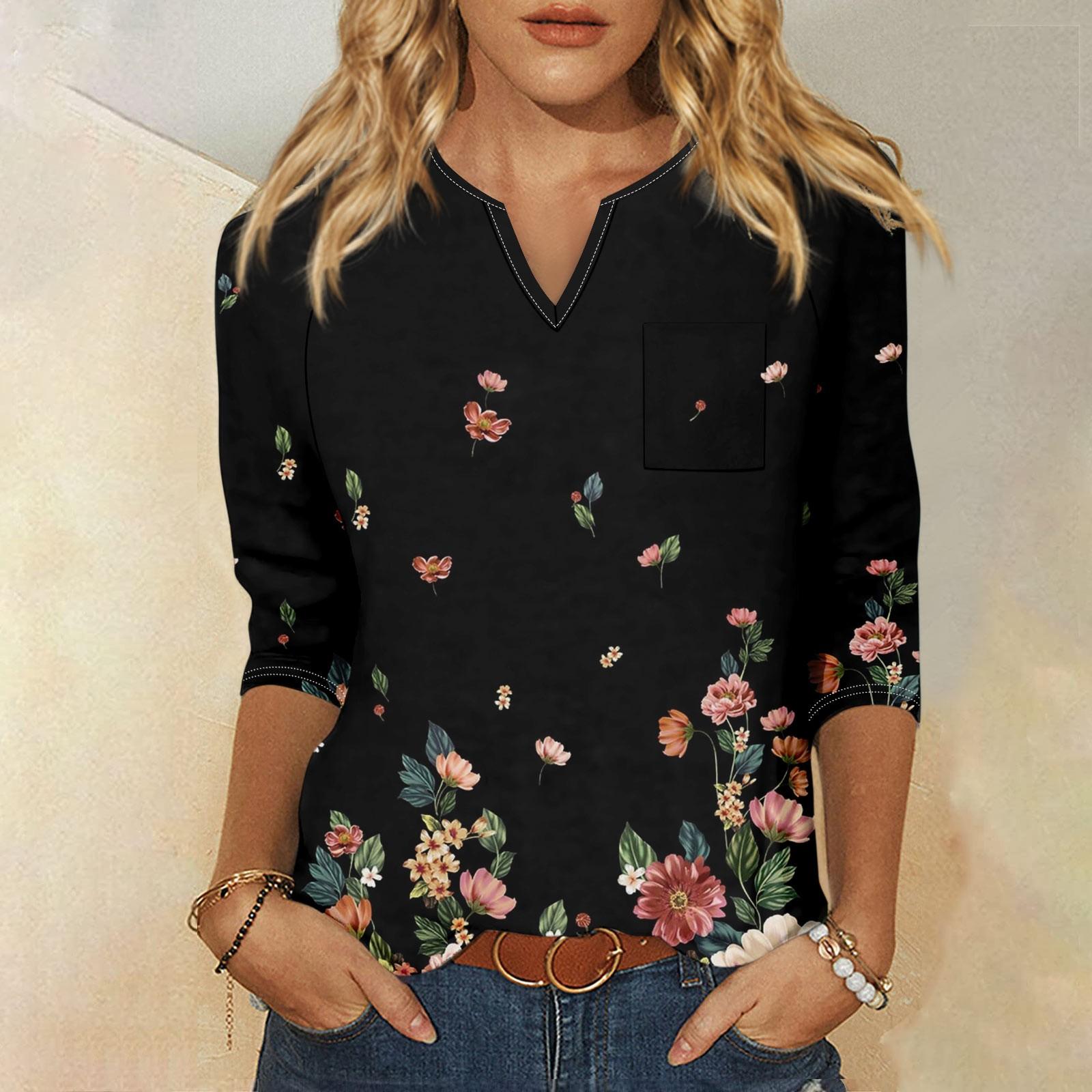 

Женская модная рубашка, повседневная рубашка с рукавами реглан, карман, V-образный вырез, рукав 3/4, свободная футболка с принтом, женский топ L чёрный