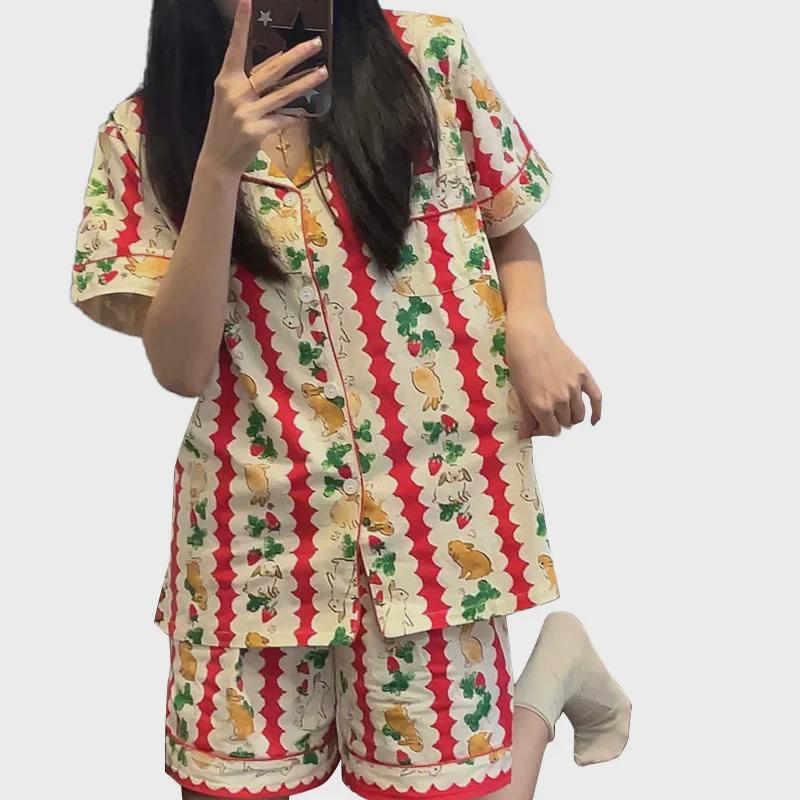 Korean Floral Bunny Christmas Summer Pajama Set - Striped Short-Sleeve Top & Shorts for Women
