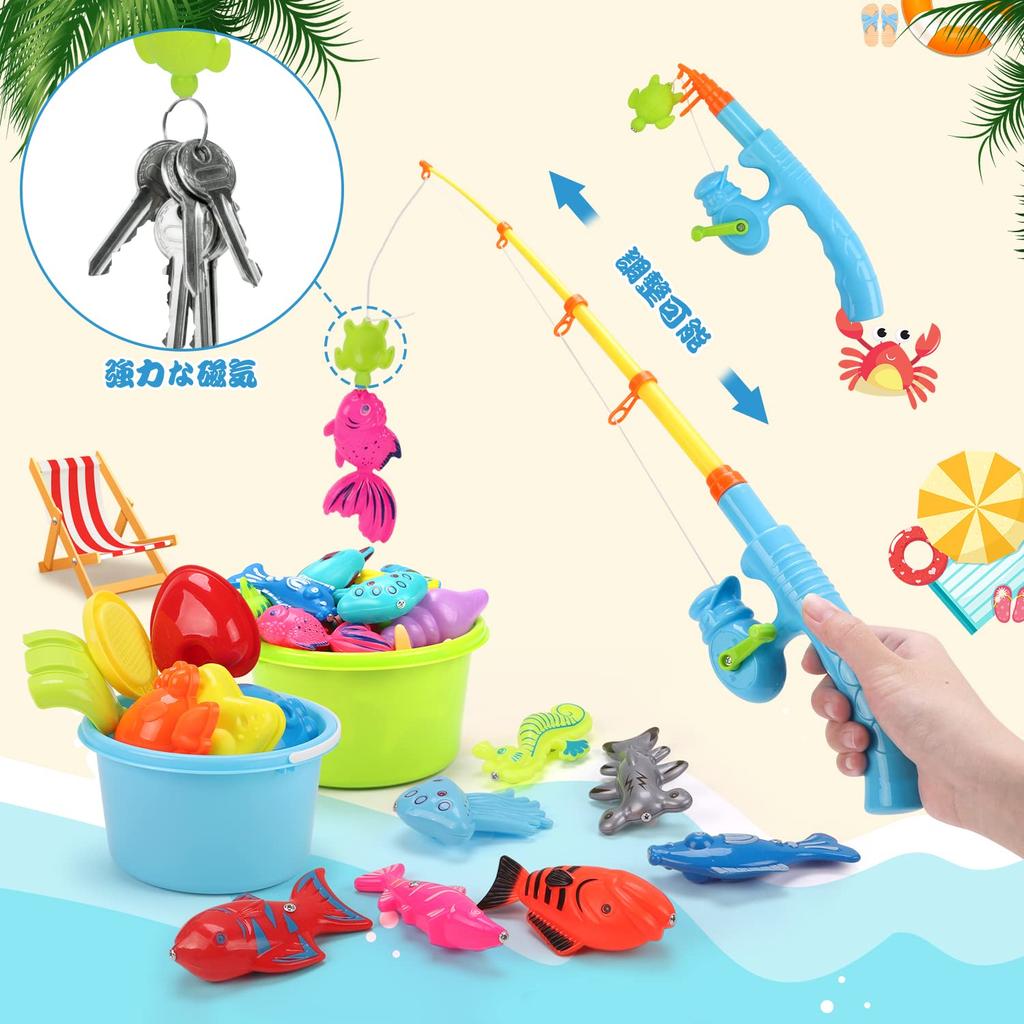 Qizebaby Water Play Toys Fishing Sand Play Game Bath Toy Sandbox Set Sand Play Toy Water Play Bucket Set Magnetic Fishing Toy Colorful Outdoor Play