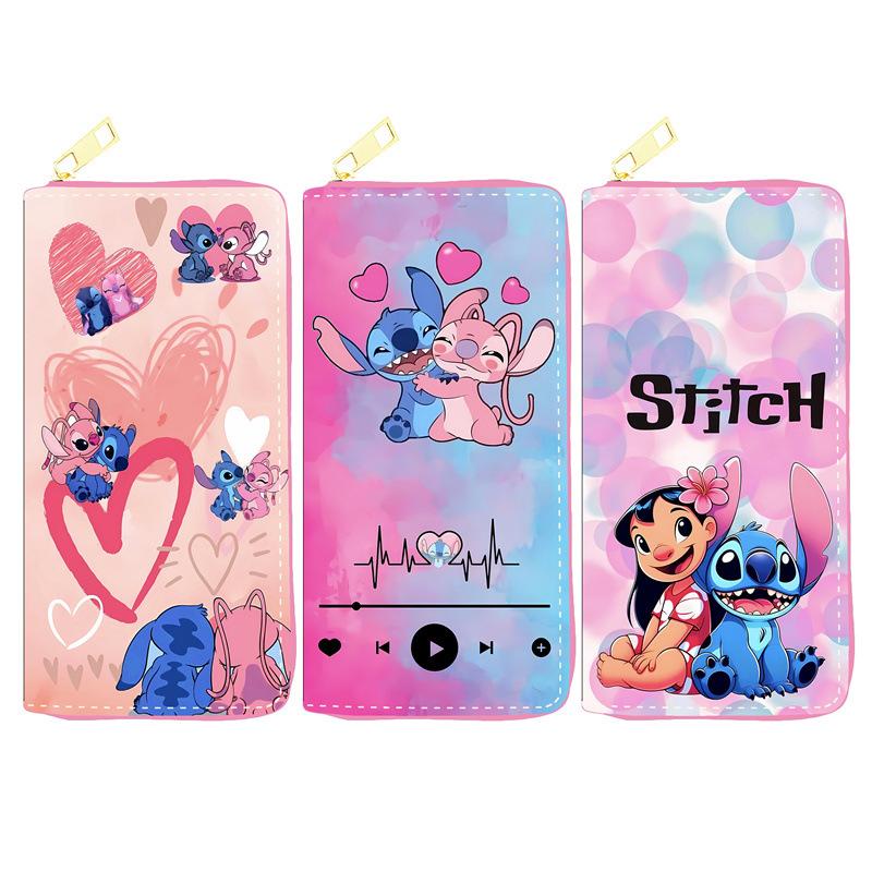 Stitch PU Long Wallet Student Zip Coin Purse Anime Makeup Bag Passport Holder Blue 3pcs