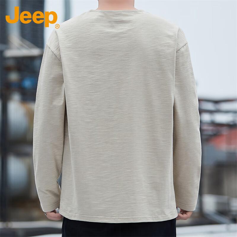 Jeep Men's Long Sleeve T-Shirt Autumn Winter Solid Color Casual Loose Base Shirt Trendy Top Khaki XL