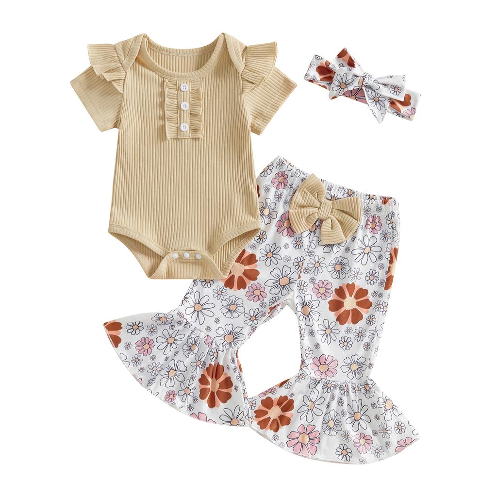 Baby Girls 3PCS Pants Sets Flying Sleeve O Neck Romper Floral Flared Pants Headband Sets