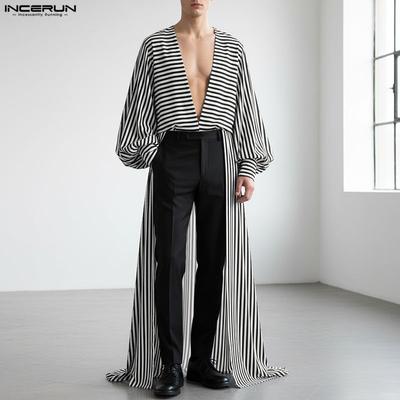 Spring Men Neck Long Sleeve Striped Irregular Casual Long Cardigan Shirts Tops