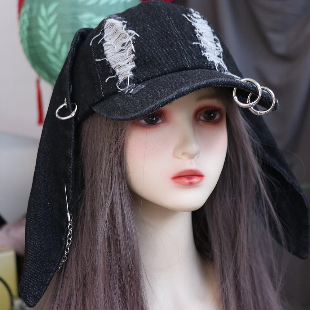 Puppy Ripped Denim Baseball Cap Y2K Bunny Ears Snapback Cap Chains Doberman Ears Hat  Street