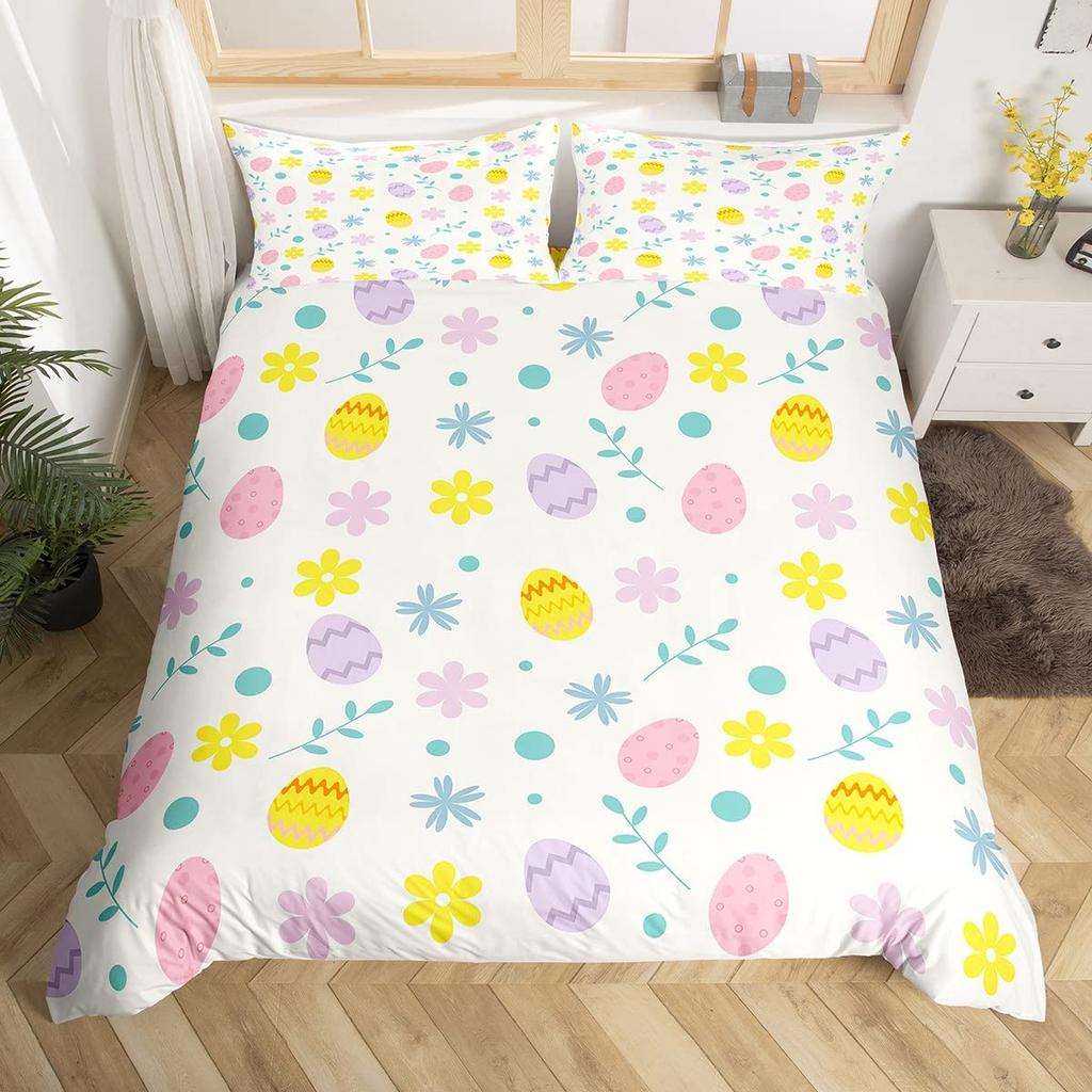 Watercolor Easter Eggs King Queen Bedding Set Happy Easter Themed Duvet Cover Toddlers Rainbow Easter Egg Polyester Quilt Cover