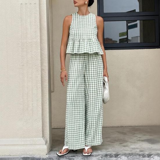 Damen Trägertop Hose Zweiteiliges Set Sommer Kariert Ärmellos Rüschen T-Shirt Weite Hosen Locker Lässig O-Ausschnitt Shirt Elastischer Bund