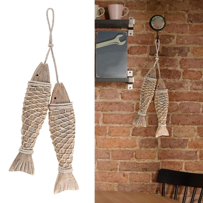 Wood Fish Pendant Set of 2 Decorative Home Hanging Decoration for Indoor Outdoor Garden Yard Decoration Gift