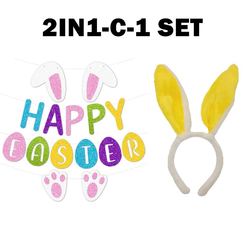 Happy Easter Pulling Flag Banner Bunny Ear Headband Easter Theme Party Background Wall Decoration For Festival Celebration