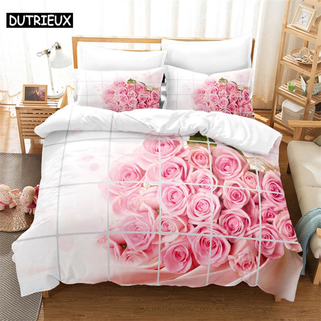 Pink Rose Queen Bedding Set Boys Girls Duvet Cover Bedroom Bed Set Comforter Cover Set King Size Duvet Cover Set Bedding Sets