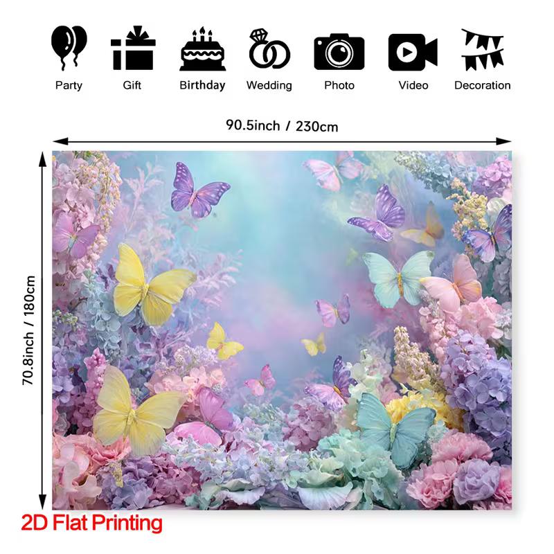 2D Backdrop with Multicolor Butterflies, Hydrangeas, and Soft Pastel Mist