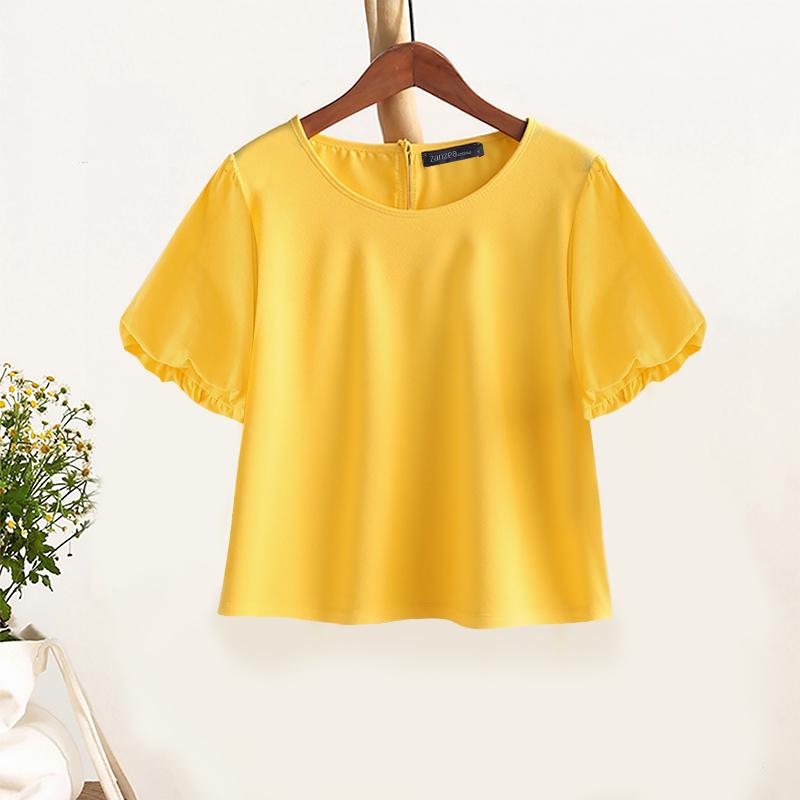 

ZANZEA Женская повседневная блузка с круглым вырезом, однотонная, летняя, с коротким рукавом M