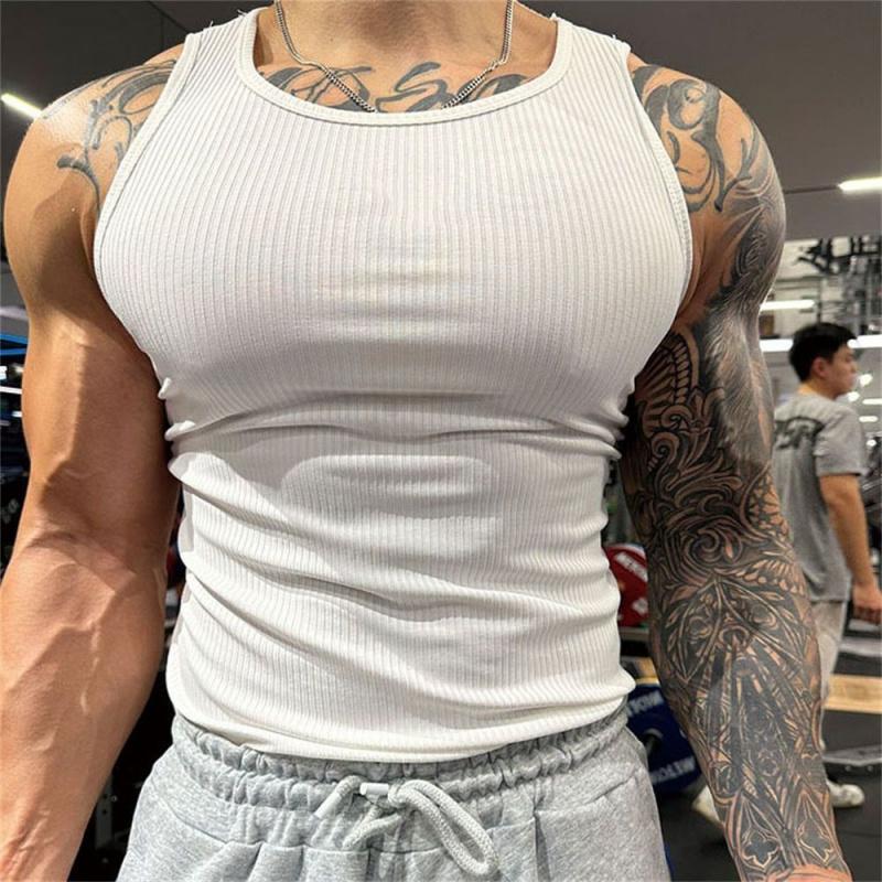 White coarse ribbed tank top for men, summer slim-fit, muscle-enhancing, sleeveless American-style gym sports vest for men