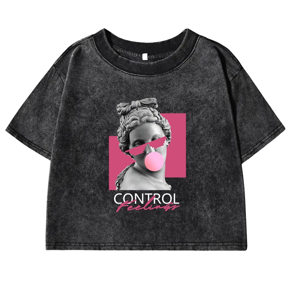 A Sculpture Of A Woman Blowing Bubbles Print Women Washed T Shirt Cotton Casual  Short Sleeve Crop Top Street