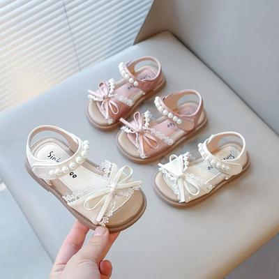 Kleinkinder Kinder Strandschuhe für Mädchen Prinzessin Schleife mit Spitze Kinder Perlen Sommer 2025 Neue Sandalen Elegant Süß Heiß