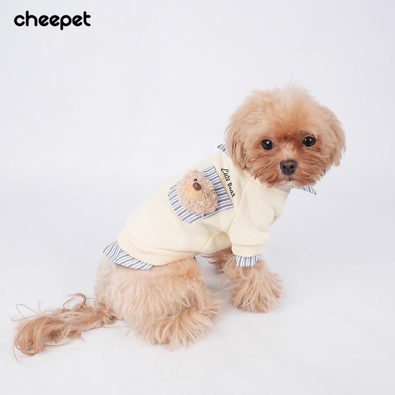 Haustierkleidung Herbst und Winter zweiteilig gestreiftes Revers Unterhemd Welpe dreidimensionaler Bärenkopf Feiertagskleidung