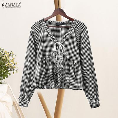 Women Casual V-Neck Plaid Print Loose Long Sleeve Blouse