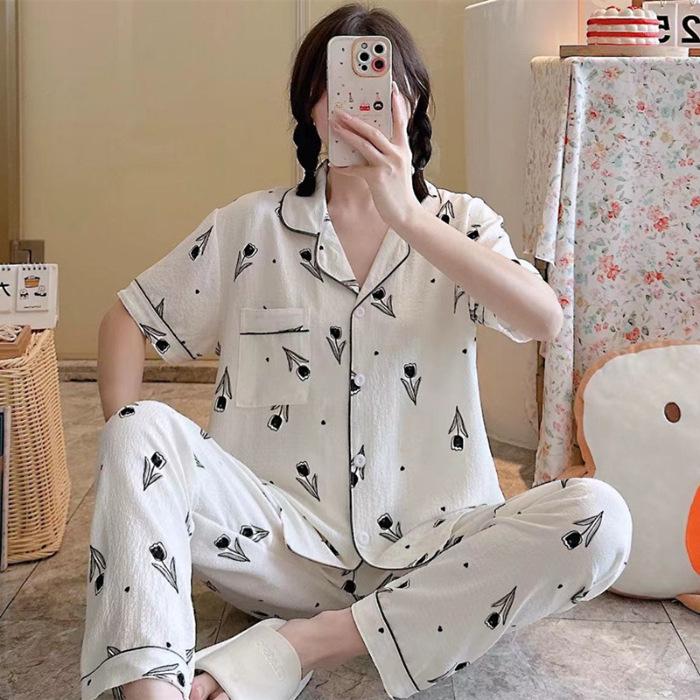 

Pajamas Women S Summer Woven Foam Wrinkled Ins Princess Style Cute Short Sleeve Trousers Thin Loungewear Set M