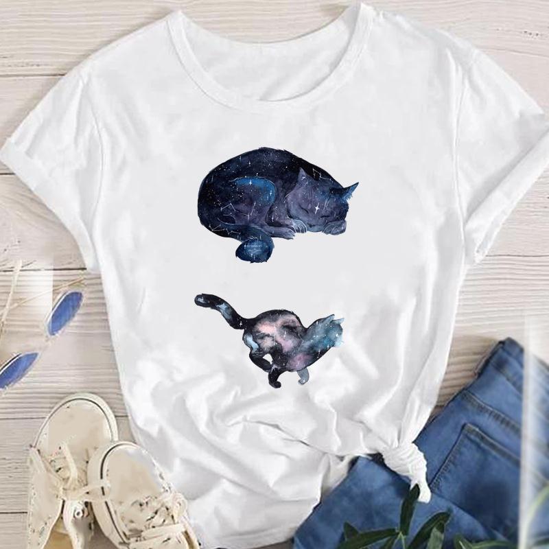 Fashion Cartoon Cat Plant Casual New Lovely Tees Women Short Sleeve Lady Female Graphic Tops Clothes Print Tshirt TShirt