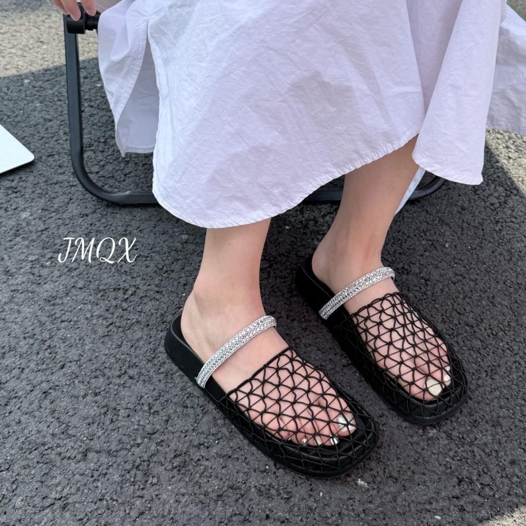 Retro niche thick-soled mesh hollowed out half slippers women's summer 2025 new rhinestone fishing net shoes lazy muller sandals