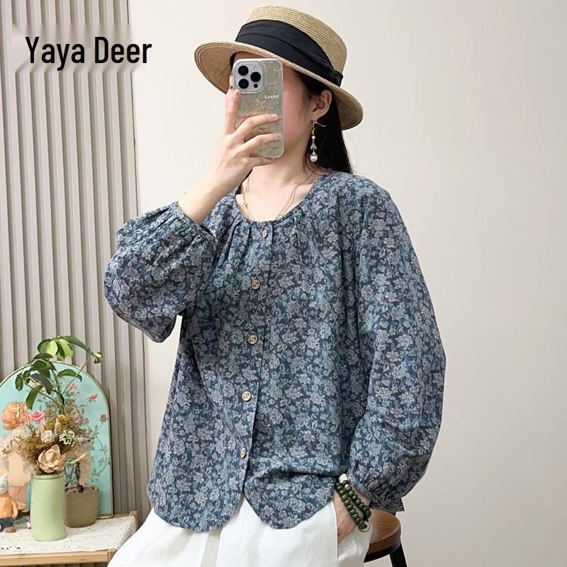 Yalu Women s Floral Print Cotton Linen Round Neck Long Sleeve Blouse 4x1