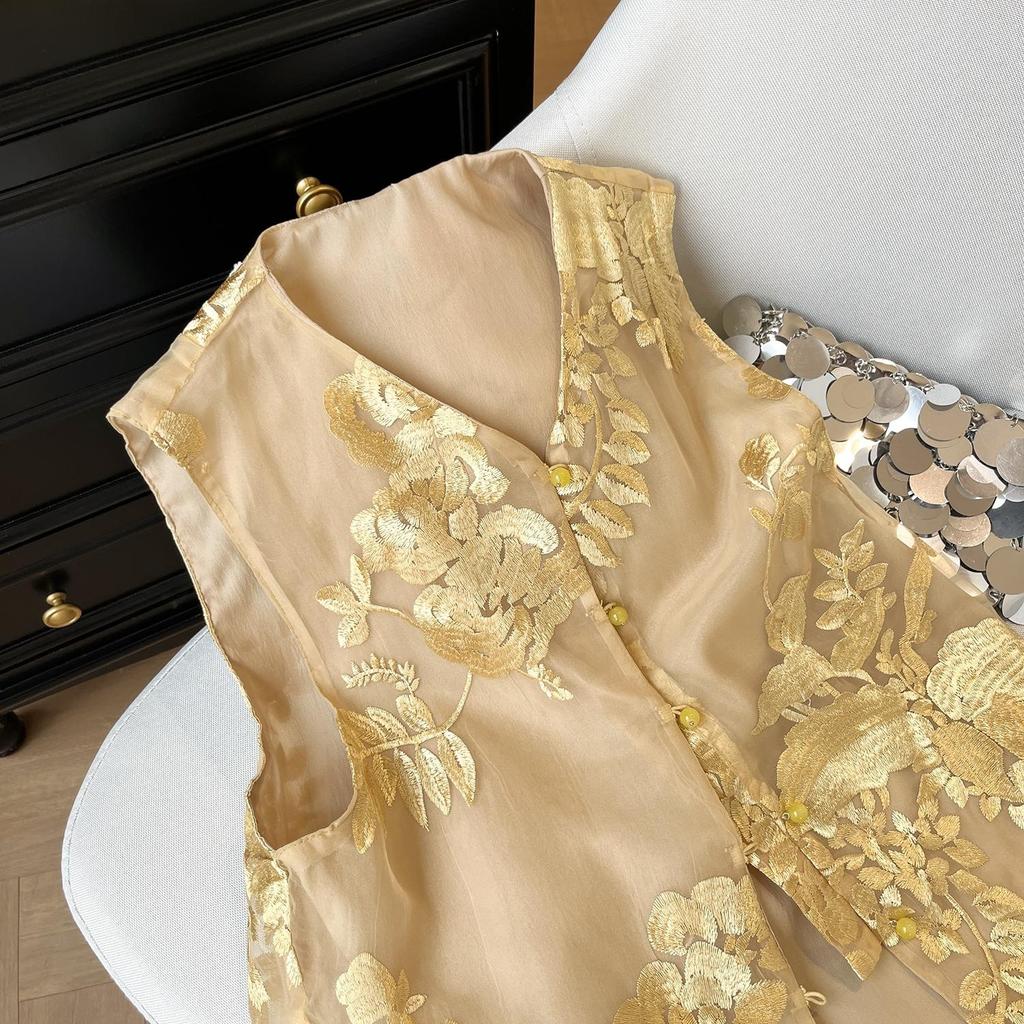 Vest Women's 2025 Summer Temperament Versatile Tulle Embroidered Sleeveless Retro High-end Sunscreen Top