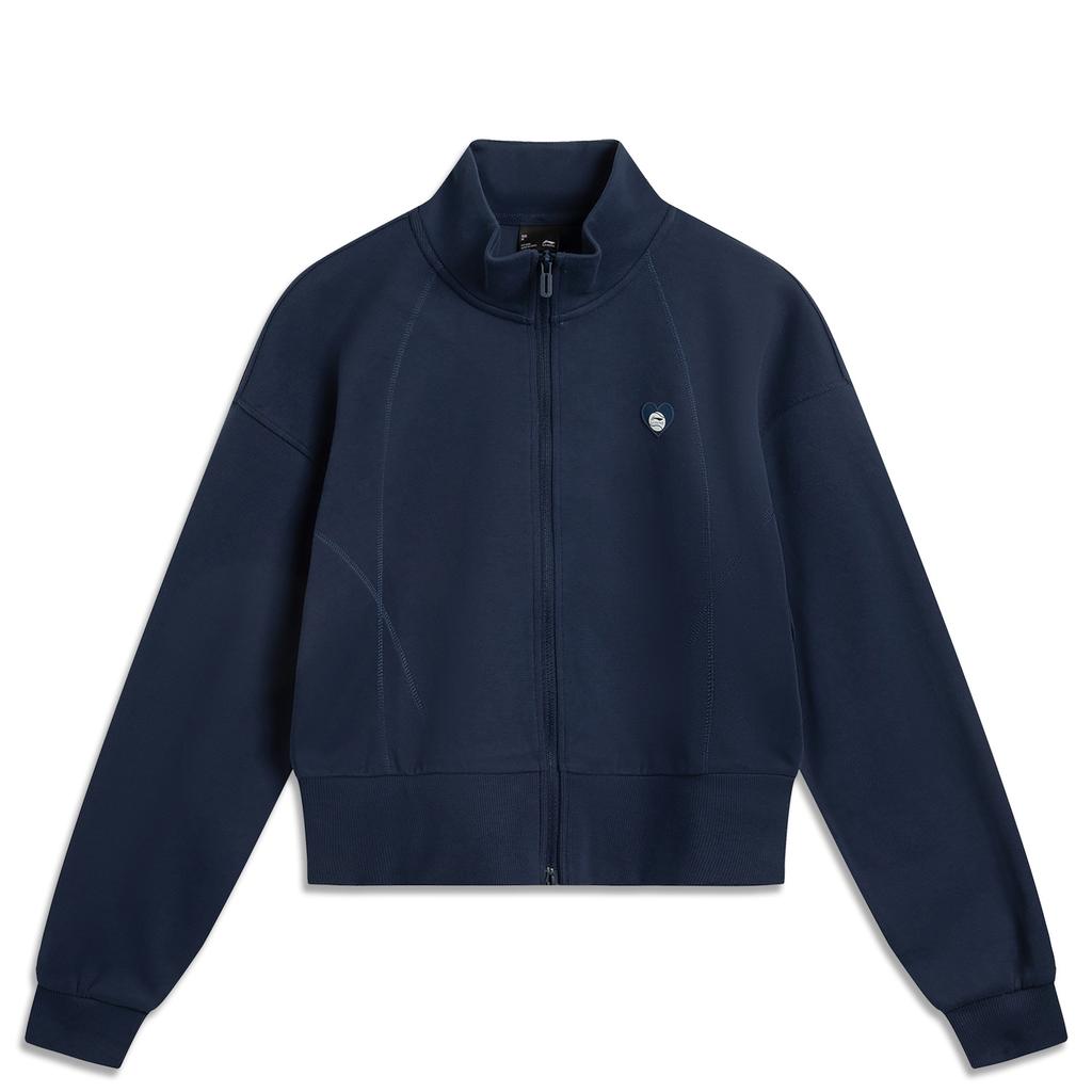 Li Ning Sports Trend Series Comfortable Casual Simple Stand Collar Zipper Loose Cardigan Sweatshirt Women sweatshirt Deep-Iris-Blue AWDU442-3