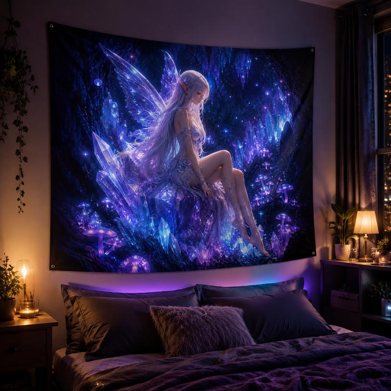 VIKAMA Purple Crystal Cave Elf Fairy Tapestry Dreamy Purple Tone Crystal Luminous Fairy Hanging Cloth Anime Room Decoration