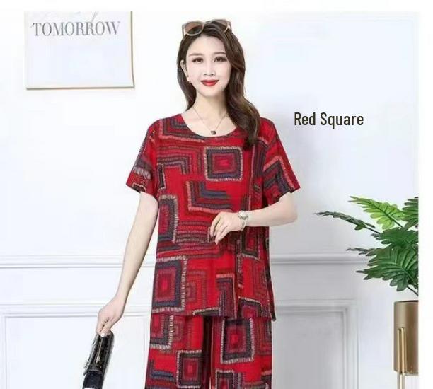 Women's Plus Size Ice Silk Pajama Set: Casual Short Sleeve Two-Piece for Middle-aged and Elderly Moms