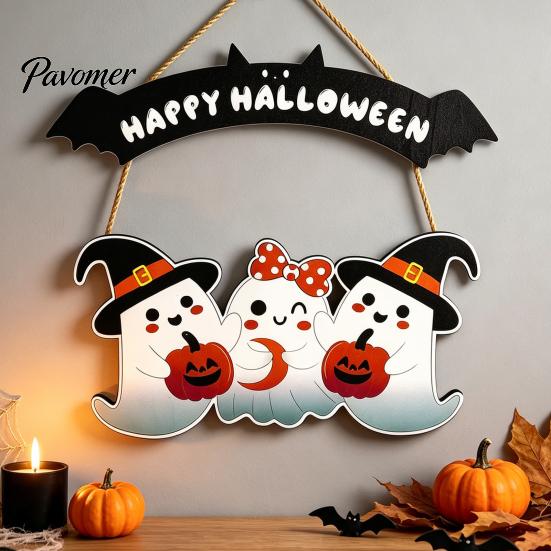 Happy Halloween Sign Ghost Door Sign, Wooden Three Hanger, Front Wall Hanging Party Supplies Boxwood Pendant