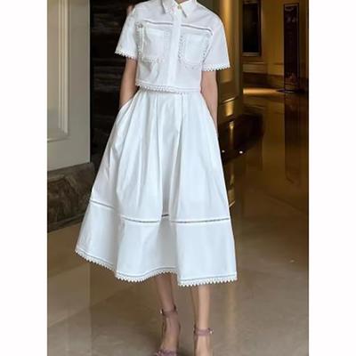 Elegant Two Piece Sets Women Lapel Short Sleeve High Waist A Line Pleated Skirts Solid Set Female Summer