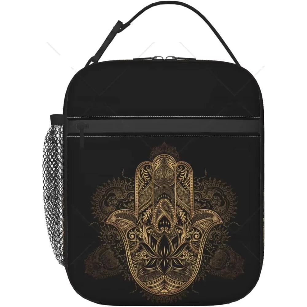 Złote Ręce Fatimy Izolowana Torba na Lunch Wielokrotnego Użytku Termiczna Torba na Lunch z Zamkiem Błyskawicznym i Kieszenią do Pracy na Zewnątrz Podróży Piknik