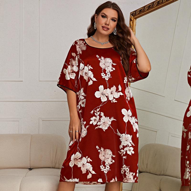 Plus Size Silk Like Print Nightgown Short Sleeve Mid-Length Cooling Sleep Dress Homewear Pullover Nightdress Summer