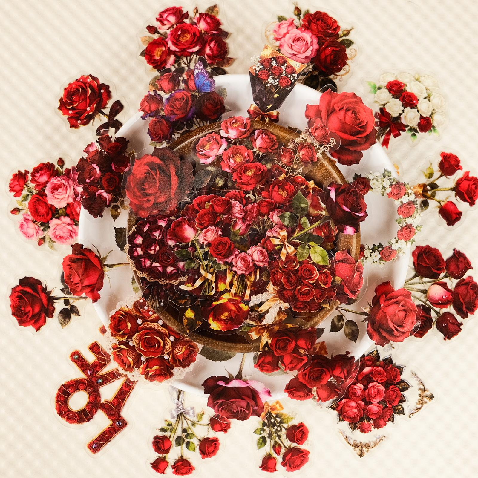 

56 Red Roses Floral Transparent Pet Stickers Heart Bouquet Holiday Birthday Romantic Decoration Creative Stickers