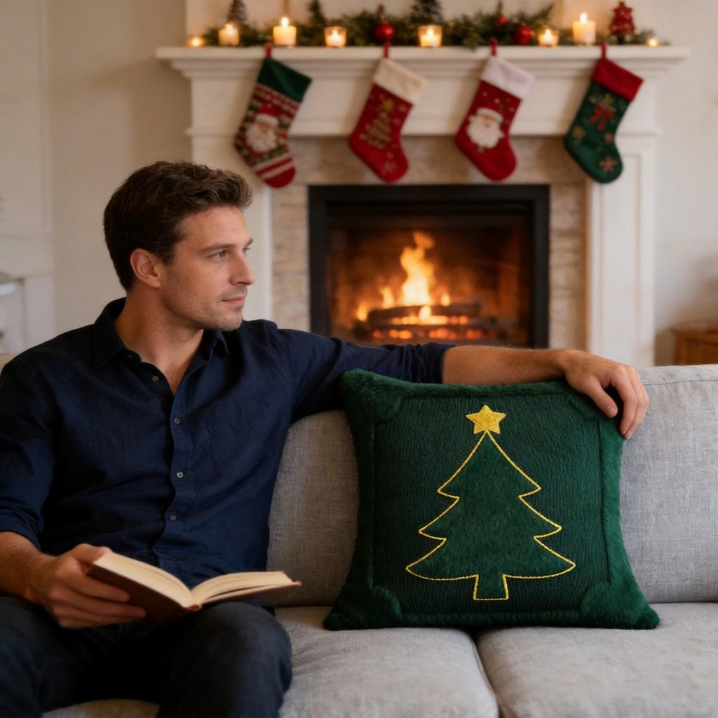 Christmas Embroidered Throw Pillow Cover With Star And Tree Decor For Living Room Party