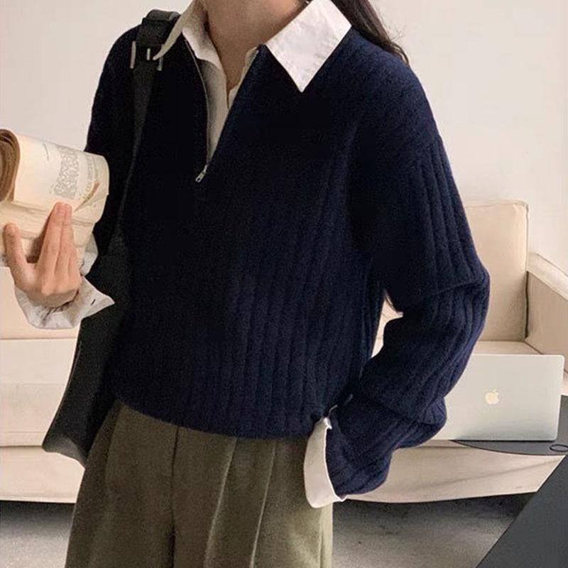 

Свитер в полоску с круглым вырезом и половиной цепочки, женский верх, низ свитера и длинные рукава, универсальный и однотонный свитер, женский пуловер