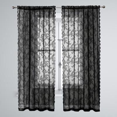 Tulle Curtain Extra Soft Household Supplies Easy Installation Floral Patterned Black Lace Sheer Curtain Attractive Decorative