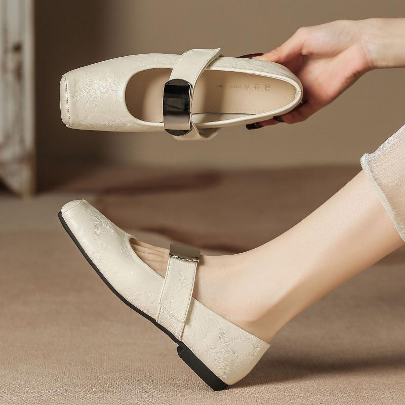 Women Spring Mary Jane Flats Soft Sole Metal Accent Slip-On Shoes H83-1 Chunky Platform Slingback Casual Leather