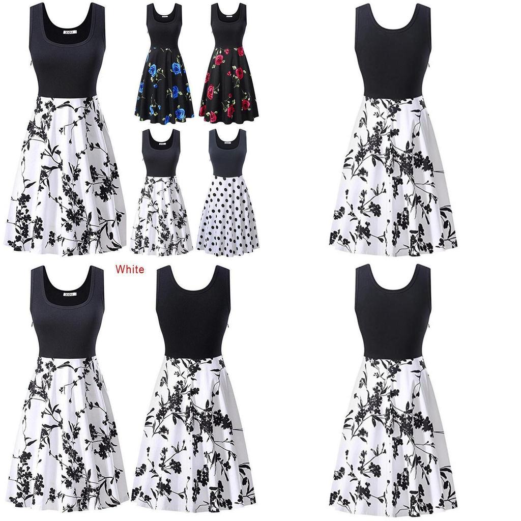 Womens Retro Floral Print Sleeveless Cotton Dress With Round Neck For Summer Vintage Style
