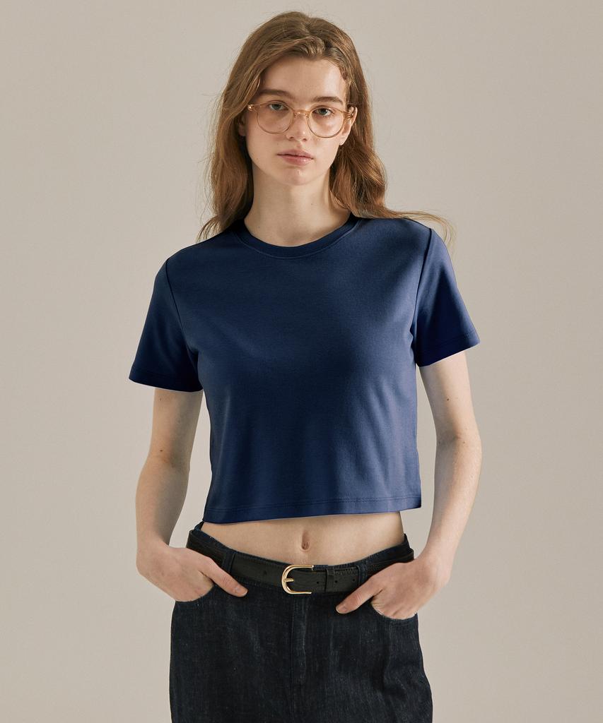 BASIC HOUSE Women'S Round Cropped Short Sleeve T-Shirt Navy Lats0202