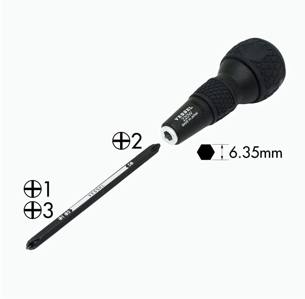 VESSEL Ball Grip Interchangeable Screwdriver Phillips Phillips and Phillips 3 (with 2, 1, Bits) 220W-123