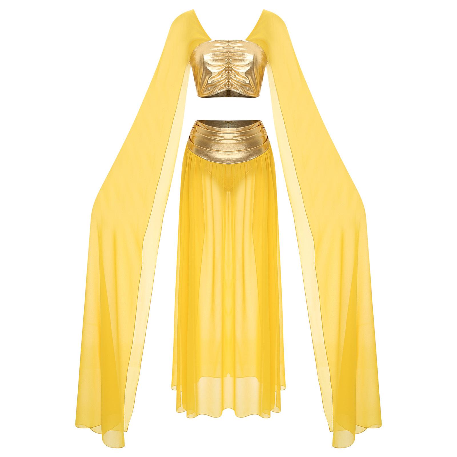 

Жіночий костюм Стародавнього Єгипту Набір 2 шт. Кроп-топ Клеопатри Шифонова спідниця з розрізом Наряд для вечірки на Хелловін S золотий