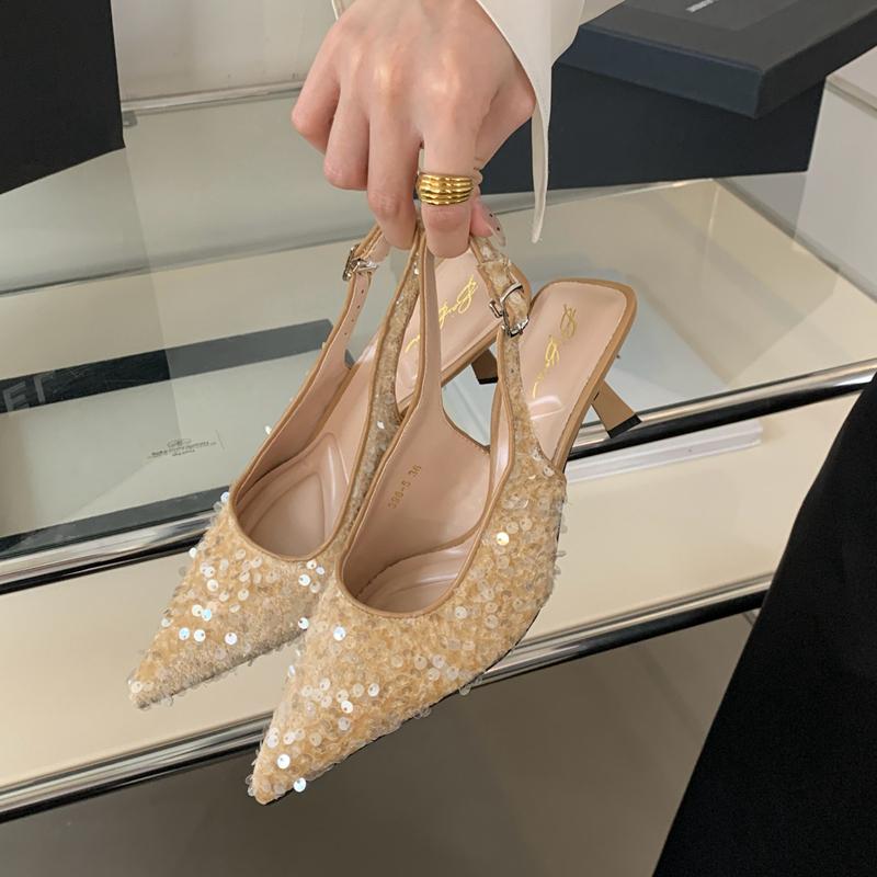 Fashion SUOJIALUN 2024 Summer New Brand Women Sandal Fashion Beads Ladies Slip On Slingback Sandals Thin High Ladies Elegant Pumps Shoes