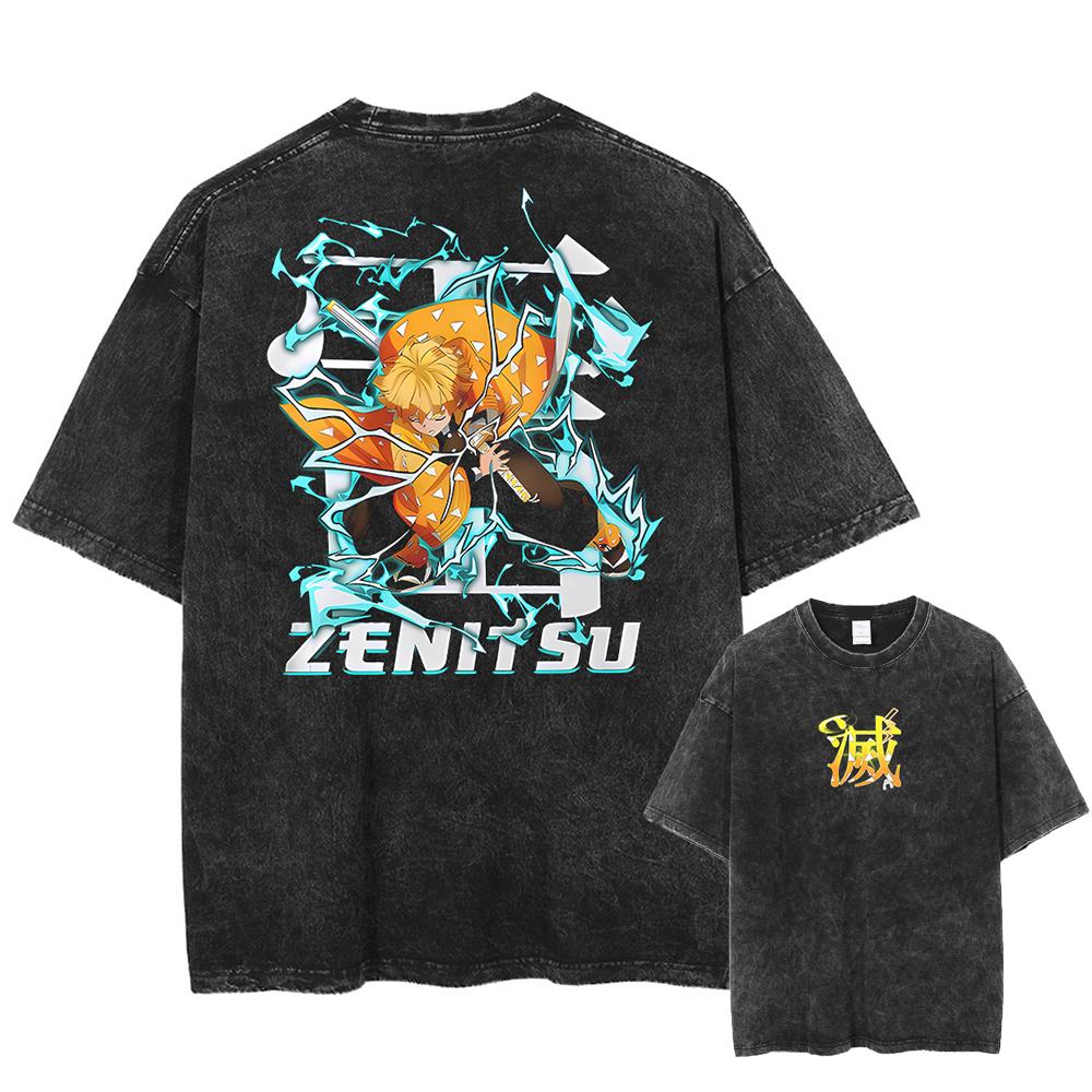 Japan Anime Demon Slayer Agatsuma Zenitsu Print T Shirt Men Washed Cotton T-shirts Manga Casual Tee Harajuku Male Vintage Tshirt