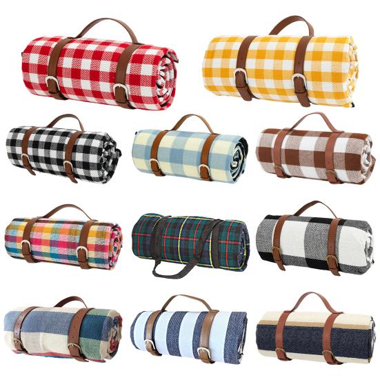 Coperta da Picnic a Tre Strati Manico in Ecopelle Impermeabile Portatile Ispessita Multiuso Invernale Calda a Quadri