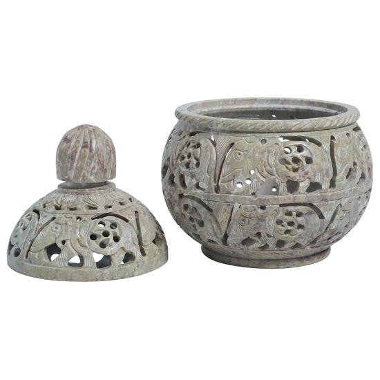 Crocon Soapstone Tealight Candle Holder with Elephant Motif – Decorative Lantern for Home, Office, and Living Room – 4x4 Inch with Lid