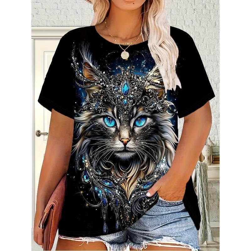 

Women’s Summer Casual Loose Fashionable Comfortable 3D Cat Printed T-shirt- Soft Medium Stretch Polyester Fabric Summer Relaxed Fit Clothing 6XL
