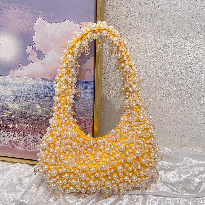 

Capacity Simple Pearl Underarm Bag Solid Color Elegant Evening Bag Shopping Work Handbag