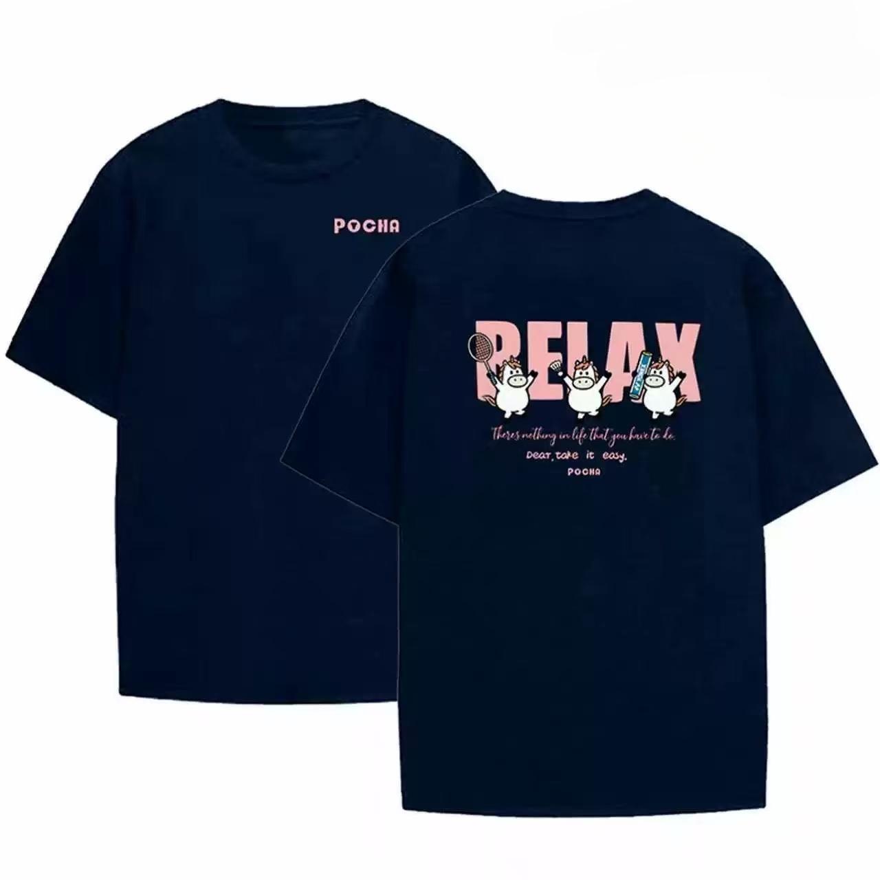 

Women Unisex POCHA RELAX Cute Unicorn TShirt Take It Easy Quote Print Front Back Cotton Short Sleeve Casual Black Tee Top S