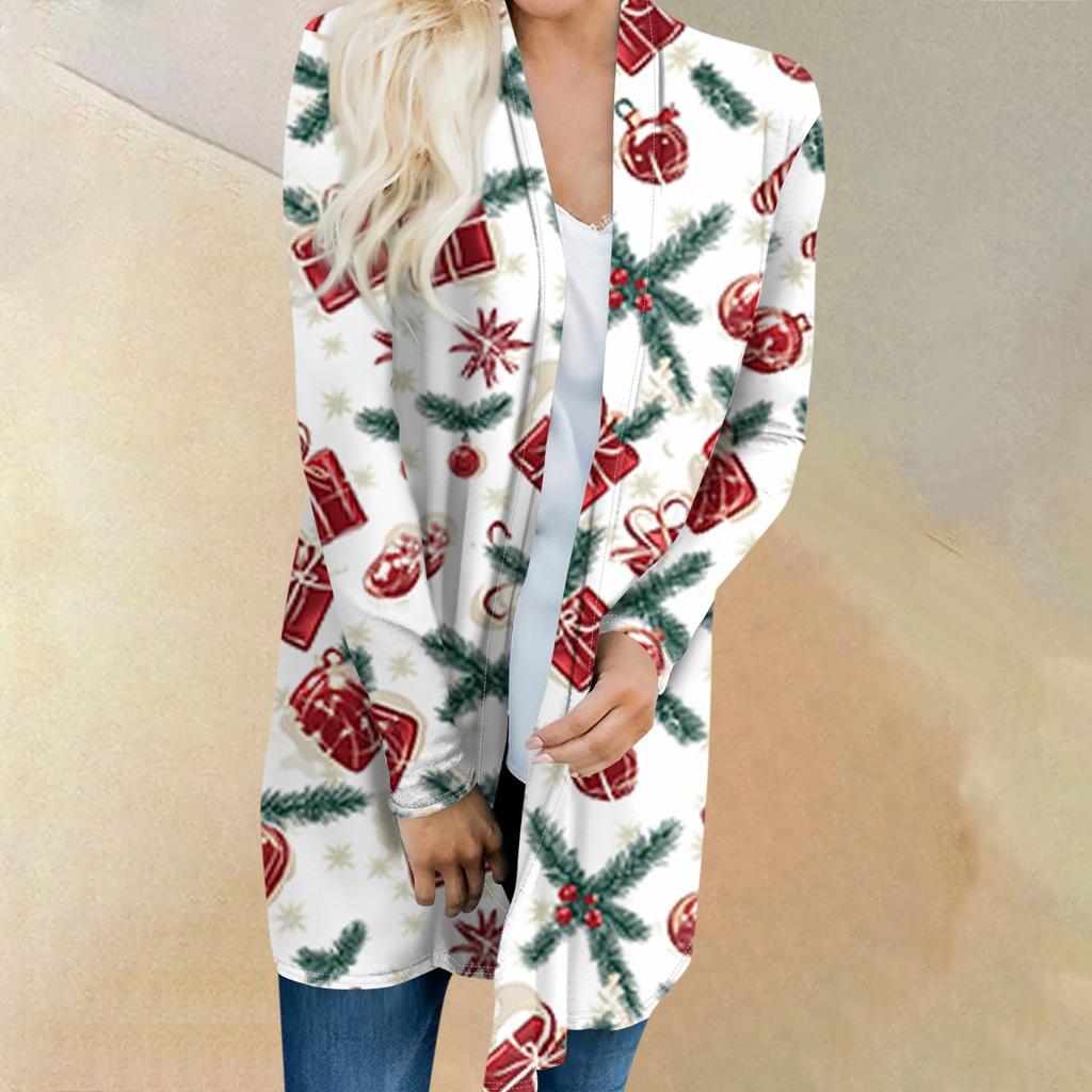 Women's Fashion Casual Christmas Tree Printed Mid-Length Cardigan Jacket