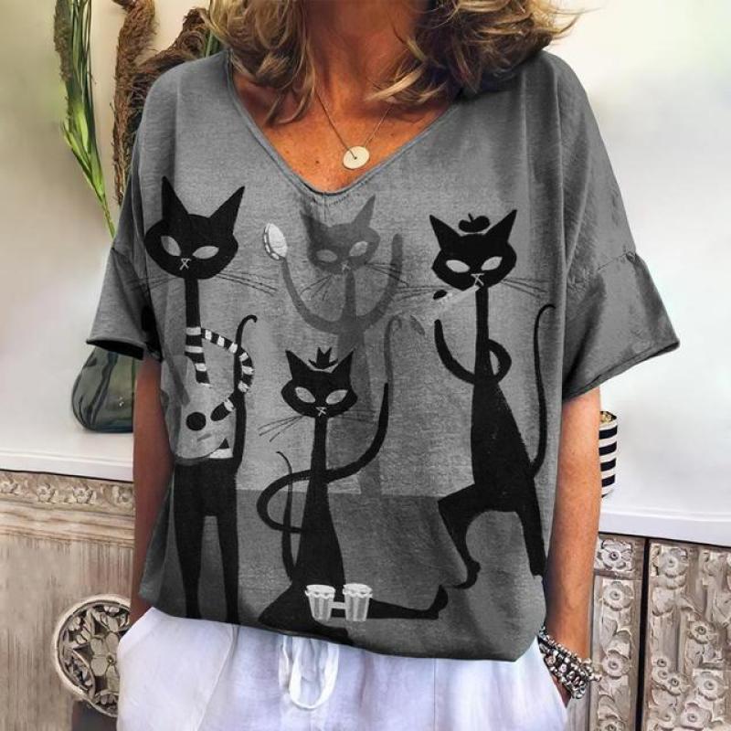 Women's T-shirt Cartoon Cat Print Loose Leisure Summer Short Sleeve V-Neck Kawaii Tee Shirts With Cat Funny Femininity Clothing